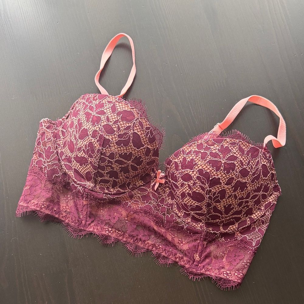 Victorias Secret DREAM ANGELS Purple Pink Bodice Lace Floral Pushup Bra Size 34C
